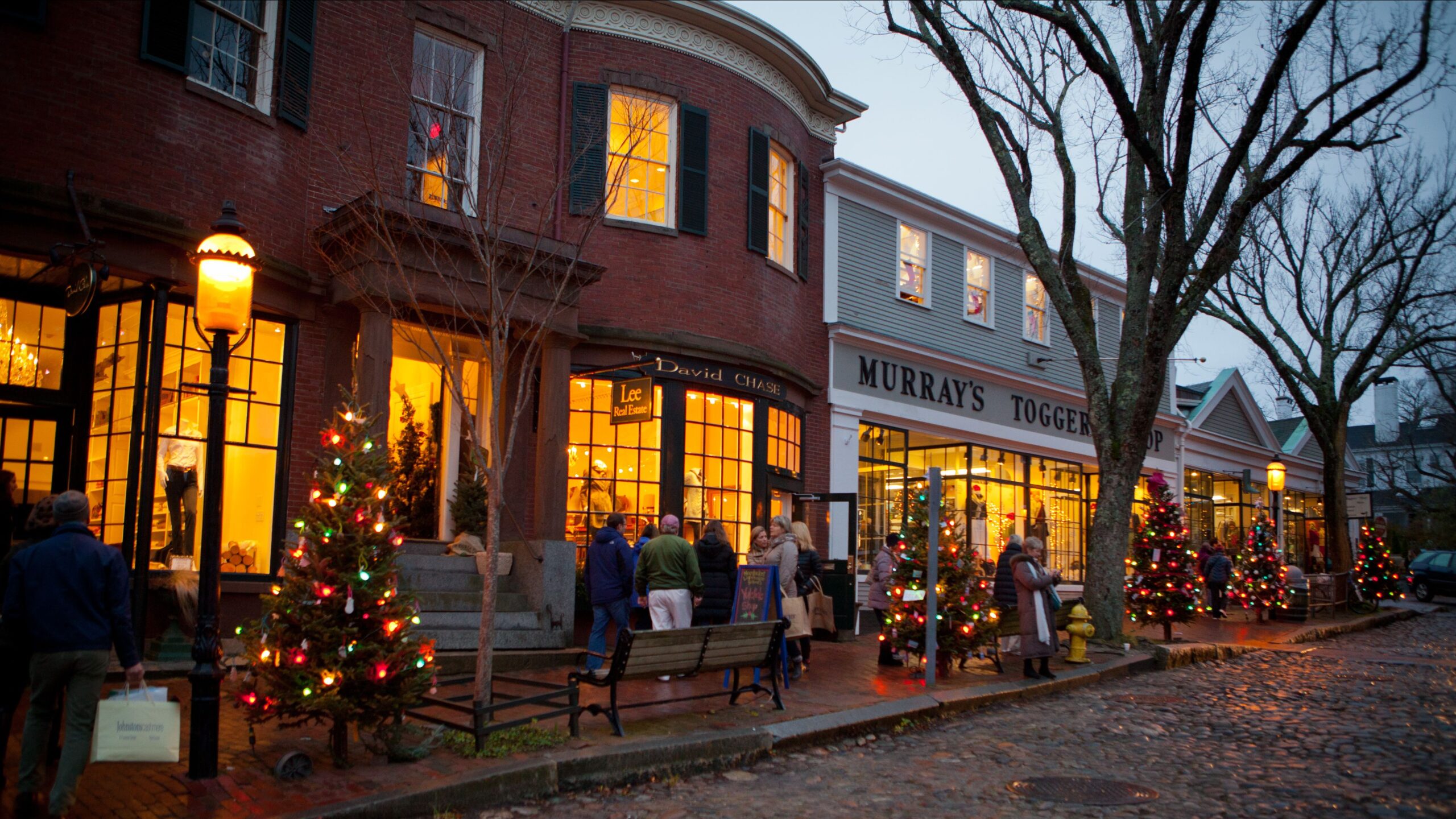 Christmas trees decorated with colored lights line the cobblestone street in front of a series of shops, lit by streetlamps at dusk.