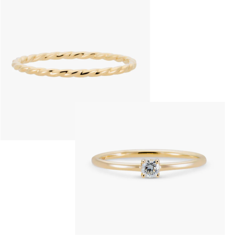 Two gold rings on a white background: the top ring has a twisted band design, while the bottom ring features a simple band with a solitary round diamond at the center.