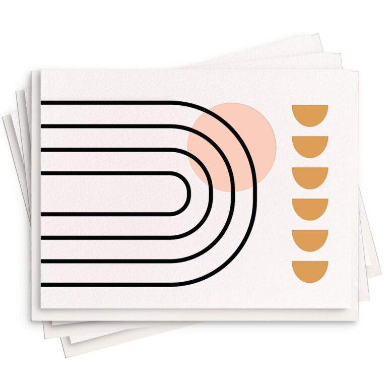 Abstract design featuring stacked black curved lines on the left and a peach circle partially overlapping. Five orange semicircles are aligned vertically on the right side. The background is a textured white.