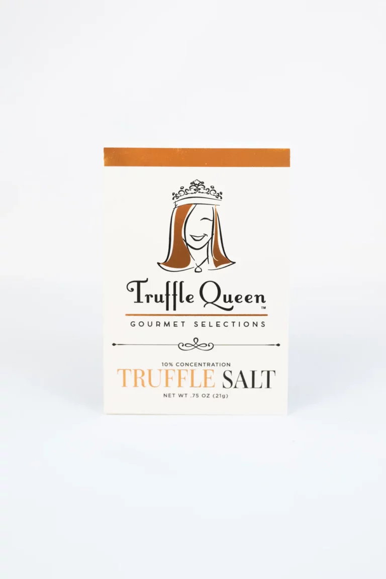 A box of Truffle Queen gourmet selections truffle salt, featuring a stylized image of a woman with a crown. The packaging specifies 10% concentration and a net weight of 0.75 oz (21g).