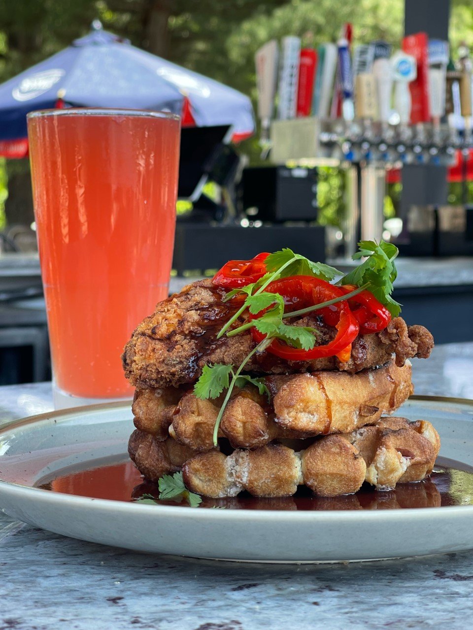 A plate of Chicken & Waffles from Towne Tavern & Tap, North Attleboro.